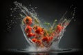 tomatoes splashed or thrown in water. Water splash fresh fruit creative concept idea. Ai generated