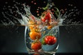 tomatoes splashed or thrown in water. Water splash fresh fruit creative concept idea. Ai generated