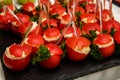 Tomatoes stuffed with cheese and garlic on plate. Original snack with Christmas and New Year. Christmas decorations