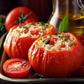 Tomatoes stuffed with rice and herbs, cooked in the oven with olive oil