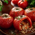 Tomatoes stuffed with rice and herbs, cooked in the oven with olive oil