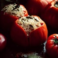 Tomatoes stuffed with rice and herbs, cooked in the oven with olive oil Royalty Free Stock Photo