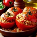 Tomatoes stuffed with rice and herbs, cooked in the oven with olive oil