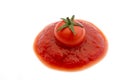 Tomatoes on tomato sauce. line trail of sauce with basil isolated on white background. Italian cuisine photo design for pasta Royalty Free Stock Photo