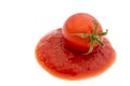 Tomatoes on tomato sauce. line trail of sauce with basil isolated on white background. Italian cuisine photo design for pasta Royalty Free Stock Photo