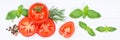 Tomatoes tomatos vegetables with basil from above banner wooden
