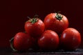 Tomatoes under water drops, red background Royalty Free Stock Photo