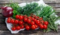 Tomatoes, Vegetables. Onion, Dill, Rosemary, Parsley, Chives and thyme.