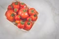 Tomatoes in a wattled basket/tomatoes in a wattled basket on a white marble background, top view