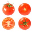 Tomatoes whole and cut set of four pieces from different angles isolated on white background with clipping path Royalty Free Stock Photo