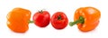 Tomatoes and Yellow Bell Pepper with drops isolated on white background. Panorama website header banner Royalty Free Stock Photo