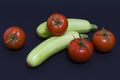 Tomatoes and zucchini on a dark background. Composition of zucchini and red tomato on a black background on a dark background. Royalty Free Stock Photo