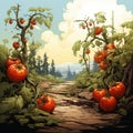 Tomatos journey from leaves to fruits shown in vector cartoon illustration on white Royalty Free Stock Photo