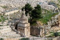 Tomb of Absalom in Kidron Valley, Jerusalem, Israel. View of Mount of Olives and the Jewish cemetery from Kidron Valley Royalty Free Stock Photo