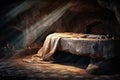 Tomb Empty With Shroud And Crucifixion At Sunrise Resurrection created by generative AI Royalty Free Stock Photo