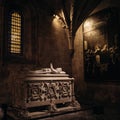 Tomb of the poet Luis de Camoes. Jeronimos monastery, historical heritage in Manueline style. Lisbon