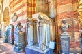 The tomb with scenic sculptures in the loggia of Monumental Cemetery, on April 5 in Milan, Italy