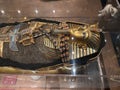 Tomb and treasures with gold mask and replicas from Egypt pharaoh Tutankhamun.