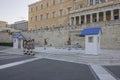 Tomb of Unknown Soldier under Old Royal Palace with Evzones Guard at Syntagma Square in Athens, Greece. Royalty Free Stock Photo