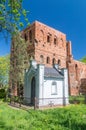 The tomb of the Wessel family and ruins of a 14th century gothic church in Steblewo, Poland. I am a guest on earth inscription on Royalty Free Stock Photo