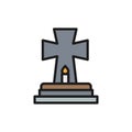 Tombstone with candle, grave, gravestones flat color line icon.