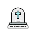 Tombstone with christian cross, grave, gravestones flat color line icon.