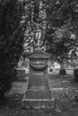 Tombstone and graves in graveyard landscape,black and white.