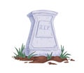 Tombstone with RIP abbreviation. Upright gravestone of stone grave with ground and grass. Headstone with Rest in Peace