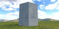 Tombstone of an unknown grave in the shape of a parallelepiped. Around a clearing with green grass. A mountain valley is visible