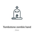 Tombstone zombie hand outline vector icon. Thin line black tombstone zombie hand icon, flat vector simple element illustration