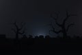 Tombstones cemetery In Spooky dark Night in mystic fog. Holiday event Happy Halloween background concept. 3D Illustration