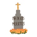 Tombstones with a cross and marigold flowers with the inscription in Mexican \