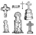 Tombstones and grave crosses set. Old marble stone tombstone with christian cross and title R.I.P.