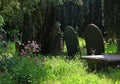 Tombstones, old, in shaded country cemetery.