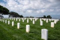 Tombstones and Pacific Ocean, Rosecrans Cemetery, San Diego, CA, USA