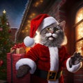 Tomcat dressed as Santa Claus is caught distributing gifts.