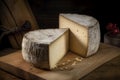 Tomme desavoie cheese on wooden board. Generate Ai Royalty Free Stock Photo