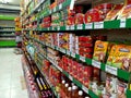 Various kind of food canned displayed on racks