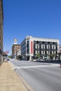 Tomorrow Building at Patten Parkway surrounded by The Dome Building, retail stores and restaurants with cars and trucks