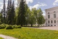 Tomsk, Russia,The National Research Tomsk State University in summer day. July 10, 2017. Lot of tulips around Royalty Free Stock Photo