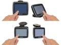 TomTom GPS car navigation with handle. The finger indicates the Royalty Free Stock Photo