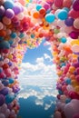 ton of Birthday helium balloons against a blue sky. Generative AI.