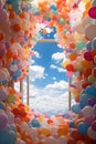 ton of Birthday helium balloons against a blue sky. Generative AI.