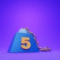 5 ton weight with golden chain on purple background . 3D render illustration.