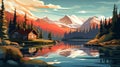 Tonalist Cabincore: Hyper-detailed House And Mountains By A Mountain Lake