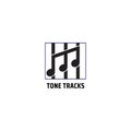 Tone Tracks logo design template isolated on white color background. Musical note with vertical stipes in a square frame vector