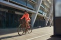 Toned active female cyclist ride bike outdoors