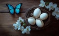 A toned background complements a rustic Easter card, which includes an Easter egg in a nest Royalty Free Stock Photo