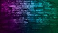 Toned brick wall. Blue purple magenta teal green rough surface. Color gradient. Colorful background.