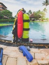 Toned photo of diving equipment ad divers school next to the swimming pool in hotel resort Royalty Free Stock Photo